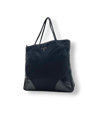 Prada Tote Shoulder Bag Nylon Leather Black Triangular Freestanding Classic